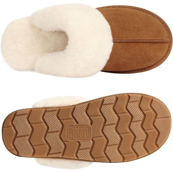 Women's Leather Fuzzy Light Brown Winter Warm Scuff Cozy Slip On Slippers Shoes - Picture 6 of 7